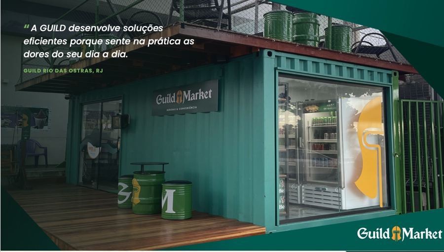 Loja Guild Market em container, cliente Guild Rio das Ostras (RJ), com depoimento: A Guild desenvolve soluções eficientes porque sente na prática as dores do seu dia a dia.